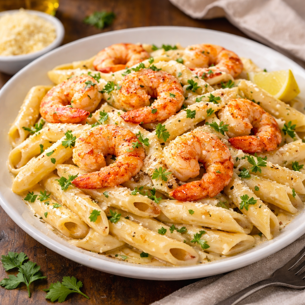 Macarrão com Camarão ao Molho Cremoso